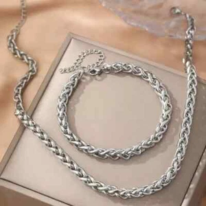 Unisex Silver Stainless Steel 2Pc Twisty Weave Necklace And Bracelet Set - Picture 1 of 5