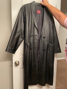 Leather Coat Ladies L Maurice’s Black Full Length 2-Button Front Pockets Lined - Picture 1 of 9