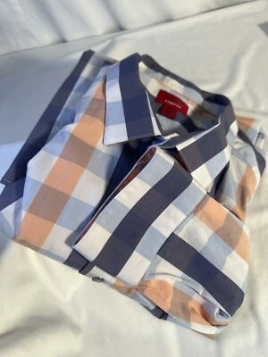 XL. Alfani Blue/White/Peach Plaid Slim Fit Stretch Button Up Dress Shirt Cotton - Image 1 of 4