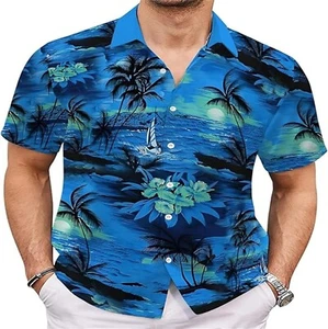 Men's Hawaiian Shirts Short Sleeve Summer Button Down Beach Shirt (Blue.Size:L) - Picture 1 of 5