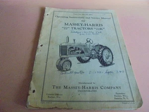 Vintage 1948 Operating and Service Manual for Massey-Harris 22 and 22K tractors - Picture 1 of 9