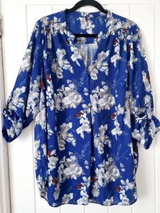 LADIES BLUE/GREY BUTTERFLY PATTERN PULLOVER BLOUSE TOP SIZE 22 - Picture 1 of 4