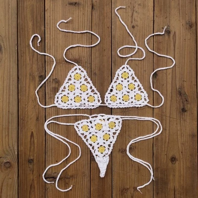 Micro Traje de baño de ganchillo a mano para mujer Mini conjunto de bikini extremadamente sexy apliques huecos Foto 1 de 4