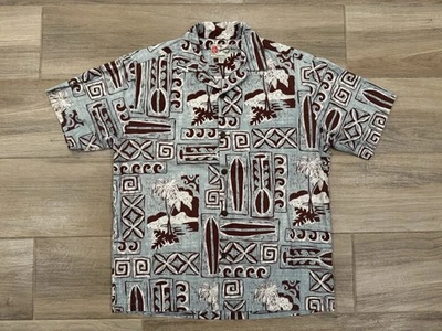 Camisa Hawaiana De Colección Hilo Hattie Para Hombre MEDIANA Gris Marrón Tribal Surf Años 90 Y2K Foto 1 de 4