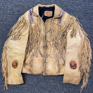 Vintage Walter Indianer Leder Azteken Fransen Mantel Jacke Herren - Größe L - Bild 1 von 6