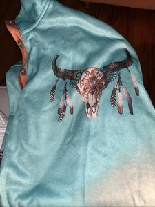 NUEVO Western Pullover Sudadera Hombres 2XL Manga Larga Caballo Calavera Suroeste Aqua - Imagen 1 de 8