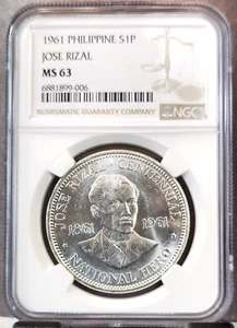 1961 PHILIPPINES SILVER 1 PESO JOSE RIZAL NGC MS 63 NICE BRIGHT LUSTER - Picture 1 of 3