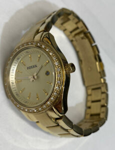 Fossil Womens Sparkle Bezel Watch Gold Tone 31mm Case New Battery Nice Condition