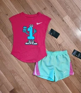 NEW Nike Little Girls #1 Tee & Short Set, Pink/Green (sz 5) - Picture 1 of 4