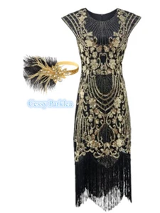 Disfraz SN-E4-4 Deluxe Damas Años 20 Rugiente Años 20 Flapper Gatsby Negro Dorado - Imagen 1 de 18
