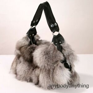 Ladies Genuine Fox Fur Handbag Tote Bag Pathwork Shoulder Bag Soft Real Fur Bag