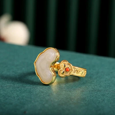 I03 Anello Romantico Nuvola Di Bianca Giada Argento 925 Placcato Oro Roter Agata - Immagine 1 di 4