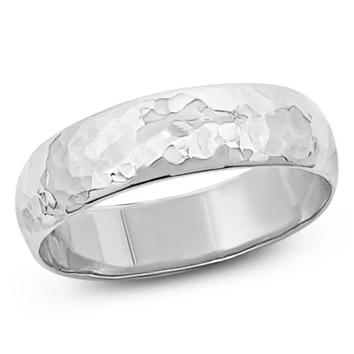 Solid 18K White Gold Hammered Ring, Handmade 5mm Hammer Texture Wedding Band - Image 1 of 4