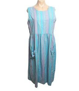 Vintage Blue Purple Pastel Colors Striped Cotton Pockets Spring Summer Dress - Picture 1 of 12