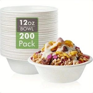 Vplus 200 Pack Bagasse (Sugar Cane)/Bamboo 12 OZ Bowls, Disposable Compostable - Picture 1 of 6