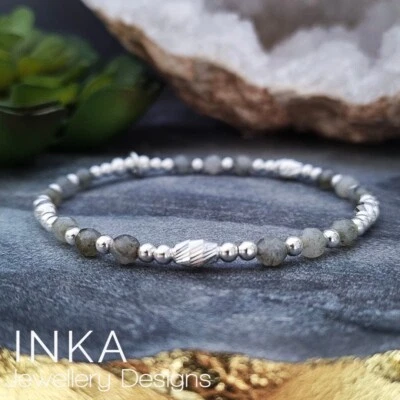 925 Sterling Silver & 4mm LABRADORITE bead Oval Stacker Stack Bracelet by INKA - Image 1 of 4