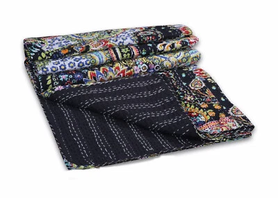 Edredón Kantha Indian Hecho a Mano Negro Paisley Doble Algodón Bohemain Tiro Cubierta de Cama Foto 1 de 3
