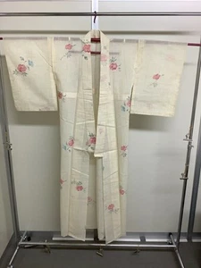 Kimono japonés vintage blanco rojo azul flor tela fina altura - Imagen 1 de 11