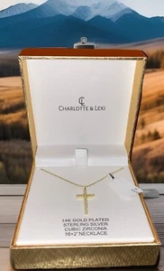 New CHARLOTTE & LEXI 14K Gold Plated Sterling Silver CZ Cross Necklace 16+2” - Picture 1 of 6