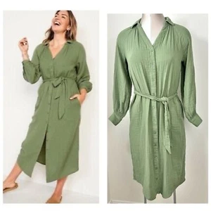 Old Navy Midikleid salbeigrün Langarm Taille definiert Gr. XS Hemdblusenkleid - Bild 1 von 8