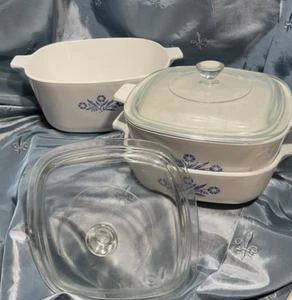 Vintage blue flower corning ware SET 2 1/2 , 1 1/4 AND 1 OT COOKING DISH - Picture 1 of 24
