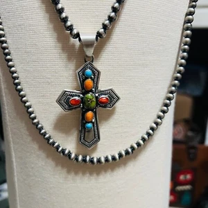 Genuine Turquoise - June Delgarito Navajo Handmade Multi Stone Cross Pendant - Picture 1 of 3