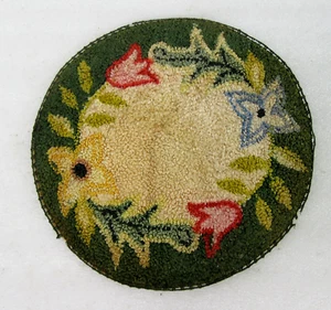 Artisan Dollhouse miniature round RUG antique vtg handmade loop green floral 6" - Picture 1 of 8