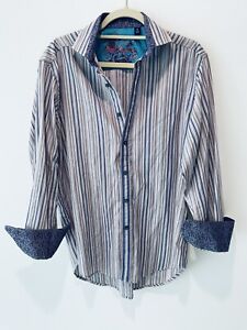 Robert Graham Cotton/Silk Embroidered Shirt Purple Stripe Button Flip Cuff  M