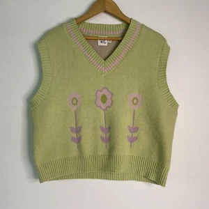 Princess Polly Vest Women S/M Green Pink Knitted Wool Blend Oversized Preppy - Picture 1 of 19