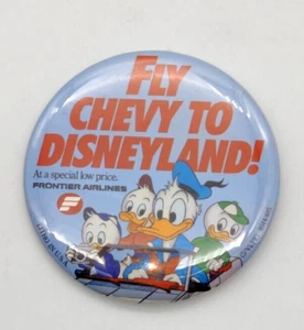 Vintage Fly Chevy to Disneyland Frontier Airlines Button Pinback Donald Duck - Bild 1 von 2