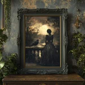 Gothic Woman & Raven Wall Art Print - Victorian Dark Romance Decor - Picture 1 of 23