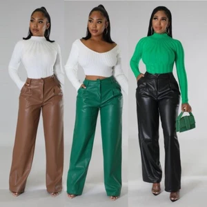Autumn Women's Faux Leather Long Wide Leg Pants Occident Ladies Loose Fit Casual - Picture 1 of 22