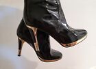 Black Patent Leather Zip Knee High Boots Gold Heels Size 235 Eur 37 Harson Italy