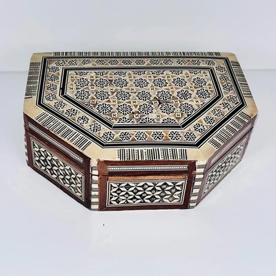Vintage Wooden Marquetry Jewelry Box Inlay Mother Of Pearl Made In Egypt - Image 1 of 4