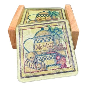 Vintage Tempered Glass Coasters Set of 4 With Wood Holder Cafe au Lait - Picture 1 of 8