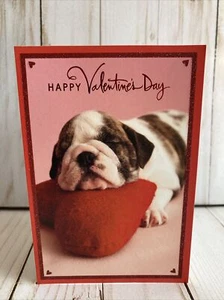 Cute Bulldog Pup Valentine’s Day Card Sleeping Hallmark Heart Warm Cuddly Wishes - Picture 1 of 7