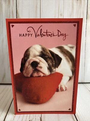Cute Bulldog Pup Valentine’s Day Card Sleeping Hallmark Heart Warm Cuddly Wishes - Image 1 of 4