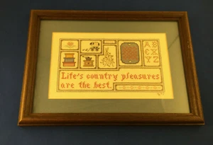 Vintage 1992 Homemade Cross Stitch Embroidery Framed Life's Country Pleasures  - Picture 1 of 7