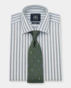 Savile Row Company Men's Slim Fit Green Stripe Single Cuff Formal Dress Shirts - Picture 1 of 6