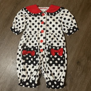 Vintage Little Girls Polka Dot Bow Button Up Jumper Outfit Retro Size 4 Toddlers - Picture 1 of 9