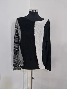 Crea Concept schwarz-weißer Pullover Gr. 42 UK Streifen transparente Einsätze Hi Lo Saum  - Bild 1 von 10