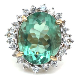 925 Argento Sterling 13 x 16 MM Verde Fluorite & White Zircone Misura Anello - Foto 1 di 4
