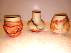 Lot of Three Red Swirl Nemadji Pieces Clay Pottery Vase Western Design - Picture 1 of 4