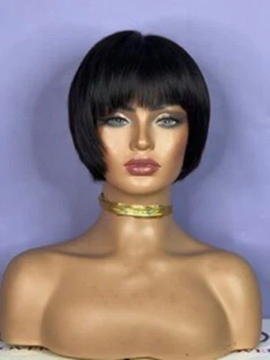 Perucas femininas pretas de corte fixo com franjas perucas curtas de cabelo humano bob sem renda  - Imagem 1 de 4