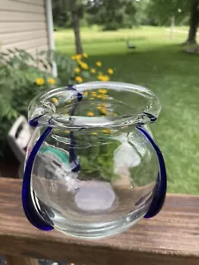 Vintage Clear Poschinger hand blown glass vase/Cobalt Blue Tri Tadpoles Added - Picture 1 of 9