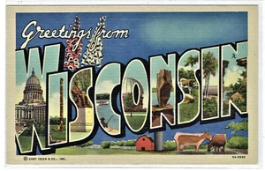 Greetings from WISCONSIN Large Letter Curt Teich & Co Linen - Picture 1 of 2