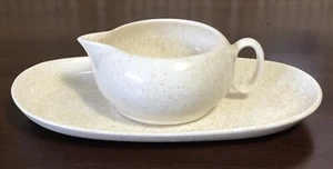 Vintage Ironstone Gravy Boat Plate Set • Bowl/ Boat Dish • Tan & Gold • EC - Picture 1 of 12