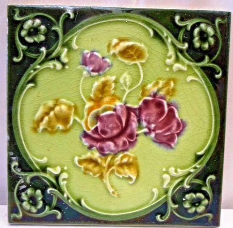Antique Tile Majolica England Art Nouveau Ceramic Porcelain Purple Rose Old" 112 Cover