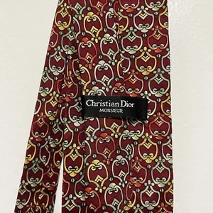 Christian Dior Monsieur Men's Red Multi Colored Silk Tie Vintage - Picture 1 of 6