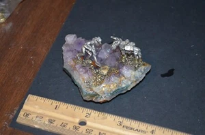 Pewter Prospecter Figurine On Amethyst Geode Crystal Cluster miniature - Picture 1 of 4